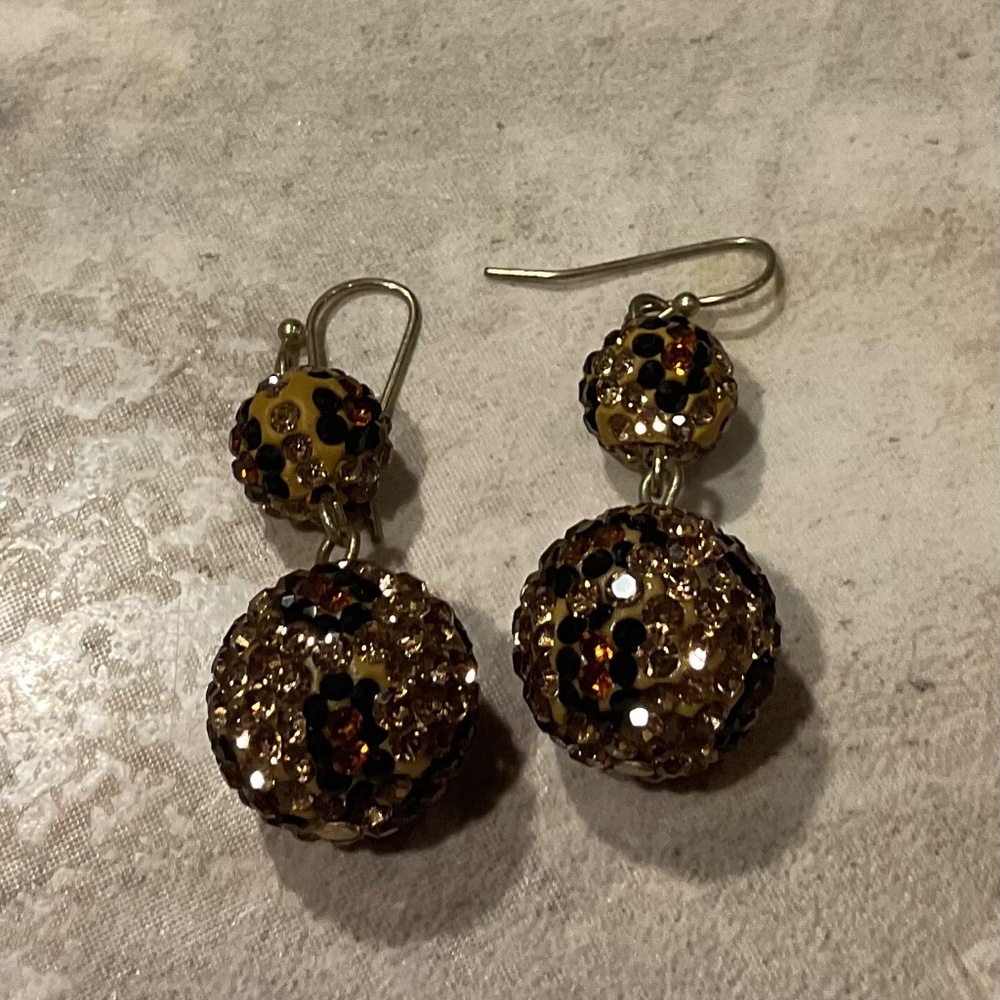 Leopard Crystal Ball Dangle Earrings wire pierced 1.5” dangle